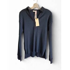 NWT In Loom Ribbed Stripe Collared Henley Top Navy Blue Green Women's Medium